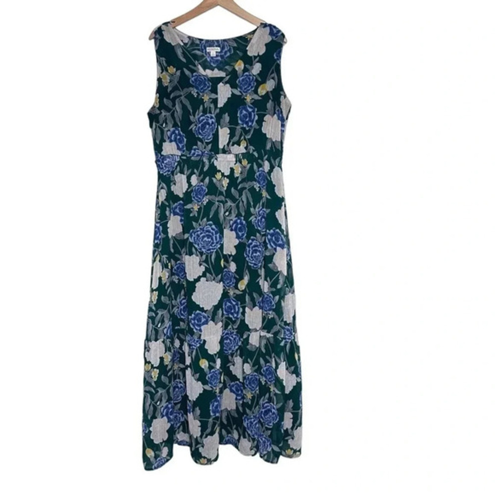 Merona L green blue white floral v-neck‎ sleeveless maxi dress